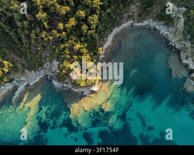 Oberblick auf felsige Küste und Wald, Thassos, Griechenland Stockfoto