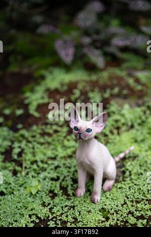 Chiang Mai, Thailand - 8. Juni 2026: Sphynx-Katzenfigur, die auf grünem Mooserboden in einem tropischen Garten sitzt, haarlose Katzenmodelle mit blauen Augen Stockfoto
