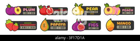 Lebensmittel-Frucht-Etiketten- und Aufkleber-Set. Cartoon-Organische-Beeren-Abzeichen mit frischem Natur-Tag für Supermarkt und Bauernhofladen. Trendige Promo-Patches und Aufkleber. Flaches Vektor-Illustrations-Emblem-Bio-Sammlung Stock Vektor