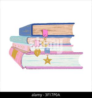 Vektorillustration eines Stapels Bücher mit schönen Lesezeichen. Lesethema, Stapel von Romanen. Bibliotheks- und Bücherregalelemente, Design mit Studien- und Bildungsthema. Flaches Clipart (isoliertes Objekt). Stock Vektor