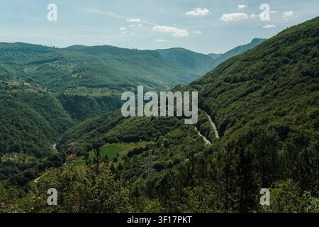 Panoramablick über den Tara-Fluss-Schlucht, umgeben von bewaldeten Bergen in Montenegro. Die sich windende Straße und die üppigen grünen Täler unterstreichen die Dramatik Stockfoto