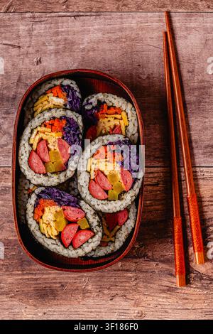 Farbenfrohes Kimbap (oder Gimbap) mit Gemüse und Wurst in einer Holzkiste auf einer Holzoberfläche Stockfoto