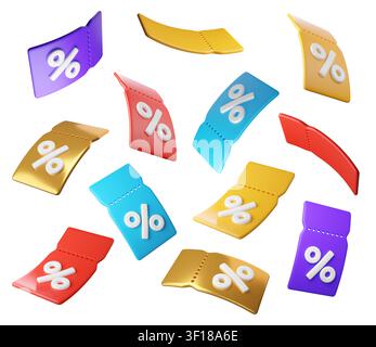Satz farbenfroher 3D-Rabattschilder mit Prozentzeichen, isoliert auf Hintergrund. Verschiedene Gutscheinetiketten in Gelb, Gold, Blau, Rot und Lila für Stockfoto
