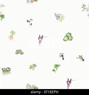 Ein zartes nahtloses Muster mit Aquarellbotanik-Illustrationen von Gartengemüse und Kräutern auf einem sauberen weißen Hintergrund für die Heimdekoration. Stockfoto
