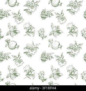 Ein raffiniertes botanisches Nahtlos-Muster mit handgezeichneten Granatapfel-Früchten und Blumen in einem zarten grünen Skizzenstil auf weißem Hintergrund. Stockfoto