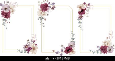 Aquarell-Burgunder-Rosen-Geometrische-Rahmen-Set, Elegante Blumenhochzeits-Einladungs-Bordüre, Boho-Lila-Blumen-Gold-Karten-Vorlage. Vektor-EPS. Stock Vektor