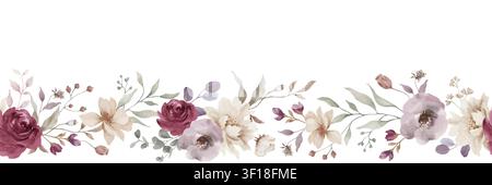 Aquarell burgunderrote Rosenblumen nahtlose Bordüre, Hochzeits-Marsala-Blumengirlande Cliparts, Boho staubiges violettes Eukalyptus horizontales Rahmen  Vektor EPS. Stock Vektor