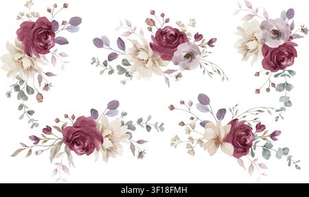 Aquarell-burgunderroter Rosenblumenstrauß-Satz, Hochzeits-Marsala-Creme-Blumenarrangements-Clipart, Boho-staubiges lila Eukalyptus-isoliert. Vektor-EPS. Stock Vektor