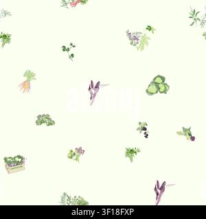 Ein zartes, handgezeichnetes Aquarell-Muster ohne Ränder mit verschiedenen frischen Gemüsesorten und Gartenkräutern auf einem cremigen Hintergrund, ideal für Textildesign Stockfoto