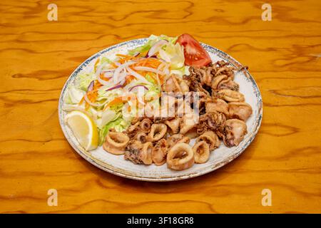 Knusprig gebratene Calamariringe serviert mit frischem Gartensalat und Zitronenscheibe auf rustikalem Teller Stockfoto