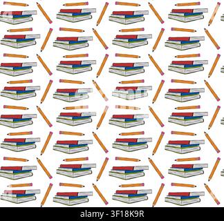 Bücher und Stifte Schulnahtloses Muster farbige handgezeichnete Illustration. Vektor-Grafik-Linien-Tinten-Kunst. Silhouettenzeichen für Druck, Comics, Mode, Pop a Stock Vektor