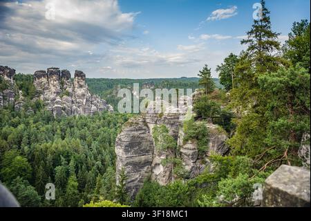 Spektakulärer Blick auf uralte massive Sandsteinklippen und einen tiefgrünen Kiefernwald im Bastei-Nationalpark in Deutschland, schöne Umwelt e Stockfoto