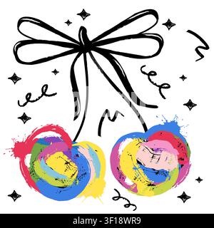 Vektor-bunte abstrakte Aquarell-Kirschenillustration mit schwarzer Schleife und Sternen, isoliert auf weißem Hintergrund. Trendiges kreatives Design-Element w Stock Vektor
