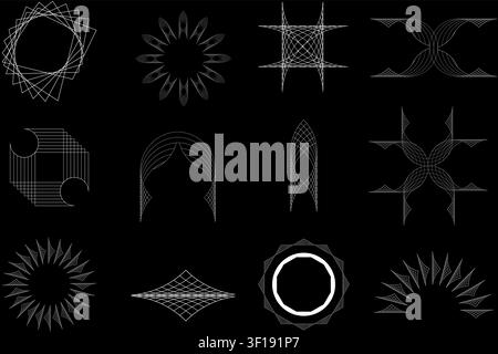Abstrakte geometrische Drahtlinien-Form-Satz-Vektor-Sammlung Schwarz-Weiß Minimal Heiliges Mandala Stern Bogen Raster Muster Grafikdesign-Element-Bündel Stock Vektor
