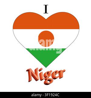 Illustration von I Love Niger mit einem herzförmigen Schild mit einer Flagge auf weißem Hintergrund Stockfoto