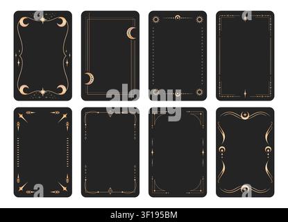 Sammlung von goldenen Tarotkarten-Vorlagen. Satz von Tarotkartenrahmen, verziert mit esoterischen Symbolen und himmlischen Elementen. Vektorillustration Stock Vektor