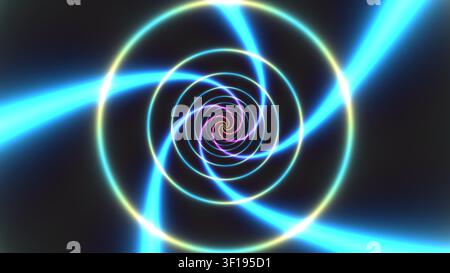 Ein spiralförmiges Design zeigt helle Linien in Blau und Gelb vor einem dunklen Hintergrund. Die Linien erzeugen ein visuell beeindruckendes Muster, das den Blick auf sich zieht Stockfoto