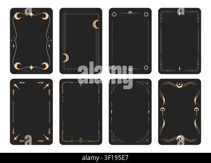 Sammlung von goldenen Tarotkarten-Vorlagen. Satz von Tarotkartenrahmen, verziert mit esoterischen Symbolen und himmlischen Elementen. Vektorillustration Stock Vektor