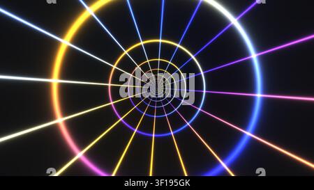 Helle kreisförmige Linien strahlen von der Mitte auf einem dunklen Hintergrund aus. Das Design zeigt lebendige Farben, die einen auffälligen visuellen Effekt erzeugen. Stockfoto
