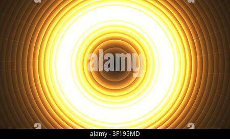 Dieses Kunstwerk zeigt eine Reihe von konzentrischen Kreisen, die von einem Mittelpunkt ausgehen und ein lebendiges Schauspiel aus goldenem Licht erzeugen. Das Design zieht die Stockfoto