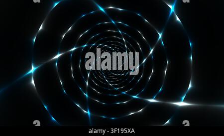 Ein spiralförmiges Muster mit leuchtenden Lichtern in Blau- und Weißtönen erzeugt ein Gefühl von Tiefe. Das Design verfügt über einen dunklen Hintergrund, der die Helligkeit verstärkt Stockfoto