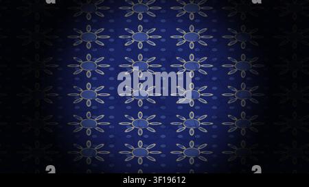 Ein detailliertes blaues Blumenmuster mit ungleichmäßigen Formen und Designs auf einem dunklen Hintergrund. Das Muster zeigt kleine Blumen mit einem sternförmigen Design angeordnet Stockfoto