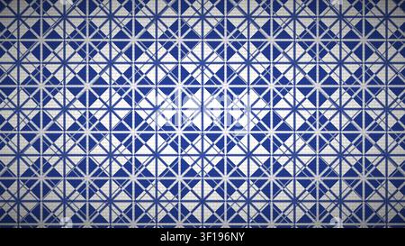 Ein detailliertes geometrisches Muster mit blauen und weißen Fliesen, die in symmetrischen Formen angeordnet sind. Das Design erzeugt einen strukturierten Look, der für verschiedene Stockfoto