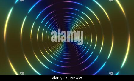 Dieses Design zeigt konzentrische Kreise in lebhaften Farben vor einem dunklen Hintergrund, die eine Illusion von Tiefe und Dimension erzeugen. Die Farben variieren Stockfoto