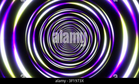 Das Design zeigt ein lebendiges Spiralmuster aus konzentrischen Kreisen mit Lichteffekten in Lila und Weiß. Der Hintergrund ist dunkel, was die Stockfoto