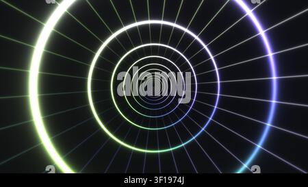 Dieses Design zeigt eine kreisförmige Spirale mit lebendigen Neonfarben vor einem dunklen Hintergrund. Die Lichtlinien erzeugen eine faszinierende Tiefe, was es ideal macht Stockfoto