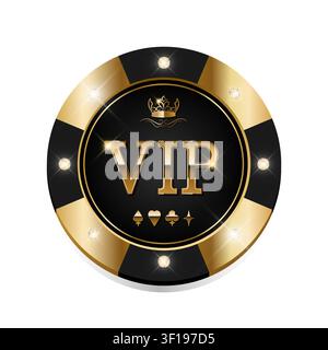 Goldener VIP-Casinochip verziert mit einer Krone und glänzenden Edelsteinen. Luxuriöses goldenes Pokerchip-Design. Vektorillustration Stock Vektor