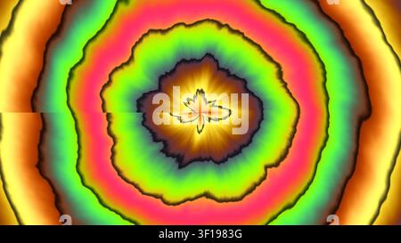 Kreisliches Muster zeigt lebendige Farben in konzentrischen Kreisen. Das Design präsentiert eine Mischung aus hellen Farbtönen und erzeugt einen fesselnden visuellen Effekt. Stockfoto