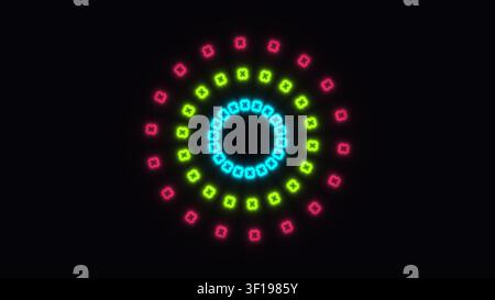 Dieses Kunstwerk zeigt ein lebhaftes kreisförmiges Design mit hellen Neonfarben, darunter Rosa, Grün und Blau, auf einem dunklen Hintergrund. Die Anordnung erzeugt ein s Stockfoto