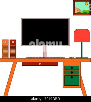 schöne Zeichnung eines Computermonitors, einer Tastatur, einer Maus und einer Lampe auf einem Schreibtisch. Vektorillustration Stock Vektor