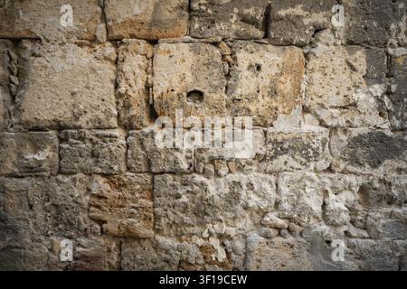 Nahaufnahme einer sehr alten Steinmauer mit verwitterter Textur, Palermo, Sizilien, Italien Stockfoto