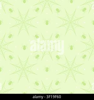 Niedliches nahtloses Muster auf pastelllimettengrünem Hintergrund mit dunkelgrünen Spinnen und Spinnennetzen. Minimalistischer gruselig-süßer wiederholender Hintergrund im Kawaii-Stil Stock Vektor