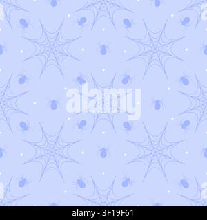 Niedliches nahtloses Muster eines pastellfarbenen Periwinkle-Hintergrunds mit dunklen lavendelfarbenen Spinnen und Spinnennetzen. Minimalistischer gruselig-niedlicher wiederholender Hintergrund im Kawaii-Stil Stock Vektor