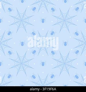 Niedliches nahtloses Muster von pastellhimmelblauem Hintergrund mit dunkelblauen Spinnen und Spinnennetzen. Minimalistischer gruselig-niedlicher wiederholender Hintergrund im Kawaii-Stil Stock Vektor