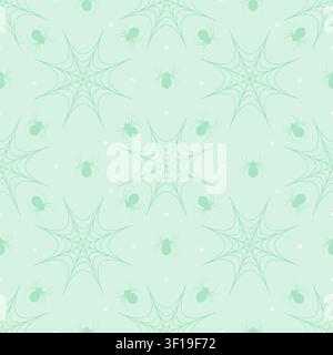 Niedliches nahtloses Muster auf pastellmintgrünem Hintergrund mit dunkelgrünen Spinnen und Spinnweben. Minimalistischer gruselig-niedlicher wiederholender Hintergrund im Kawaii-Stil Stock Vektor