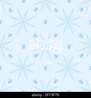 Niedliches nahtloses Muster auf pastellblauem Hintergrund mit dunkelblauen Spinnen und Spinnweben. Minimalistischer gruselig-niedlicher wiederholter Hintergrund im Kawaii-Stil Stock Vektor