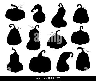 Sammlung von schwarzen Kürbissilhouetten, Vektorillustration. Satz handgezeichneter flacher gruseliger Kürbis- und Flaschenkürbisformen isoliert auf weißem Hintergrund. Halloween-Symbole, Schattenschablonen zum Basteln, Vinylschneiden Stock Vektor