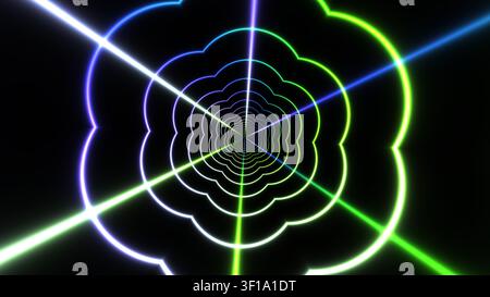 Helle Lichtmuster erzeugen einen Spiraleffekt vor einem schwarzen Hintergrund. Das Design zeigt lebendige Farben und symmetrische Formen, die das Auge anziehen Stockfoto