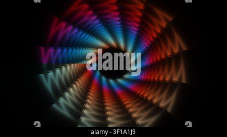 Dieses Design zeigt eine spiralförmige Gestalt mit lebendigen Farben, die sich gegen einen dunklen Hintergrund ausbreiten. Die Farben vermischen sich in Wellen und erzeugen einen Blickfang Stockfoto