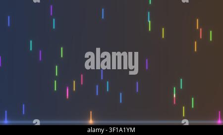 Vertikale Linien in hellen Farben schaffen eine lebendige Szene vor einem dunklen Hintergrund. Das Design zeigt eine Mischung aus Farben und Formen, die visuelle Intere Stockfoto