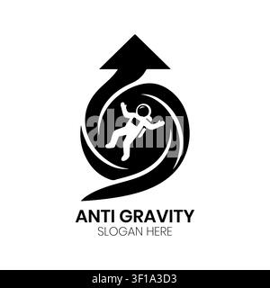 Anti Gravity-Logo, das einen Astronauten zeigt, der in einem Wirbel nach oben steigt, perfekt für moderne Wissenschafts- und Weltraumexplorationsmarken. Stock Vektor
