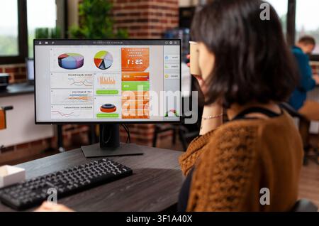 Geschäftsfrau analysiert Unternehmensgrafiken mit Kaffee, leitende Managerin erforscht Geschäftslösung, zeigt Finanzdaten, konzentriert auf die analysierende Geschäftsfrau. Stockfoto