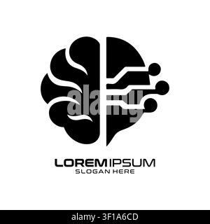 Brain Neurology Tech-Logo mit einem kreativen Konzept des menschlichen Geistes und digitalen Stromlinien für eine moderne Technologiefirma. Stock Vektor