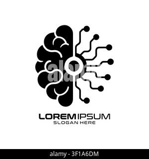 Brain Neurology Tech-Logo, das ein organisches halbes Gehirn kombiniert mit einem klaren und scharfen digitalen Schaltkreisweg zeigt. Stock Vektor