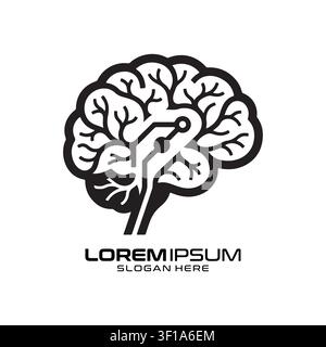 Brain Neurology Tech-Logo mit einer klaren Silhouette eines menschlichen Gehirns, das mit futuristischen digitalen Linien integriert ist. Stock Vektor