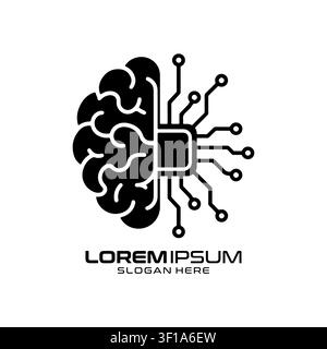 Brain Neurology Tech-Logo, das einen Zentralverarbeitungschip kombiniert mit einem halborganischen Designelement des Gehirns zeigt. Stock Vektor